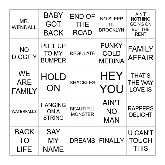 RnB and Old Skool Bingo Card