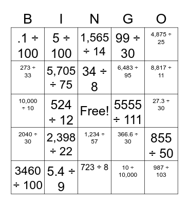 Long Division Bingo Card