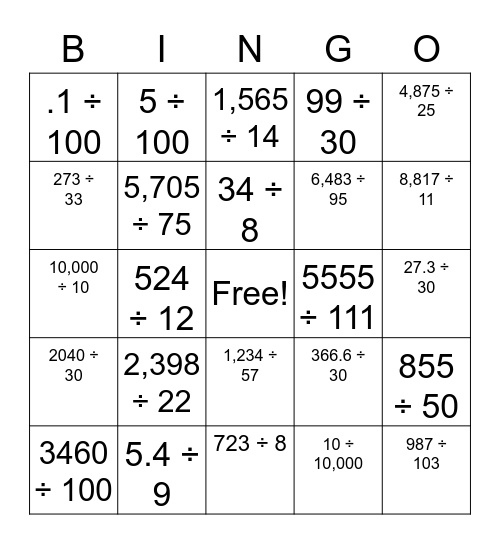 Long Division Bingo Card