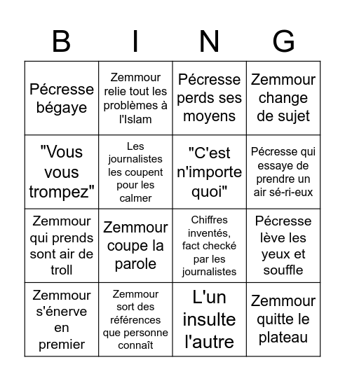 Débat LCI - Pécresse Zemmour Bingo Card