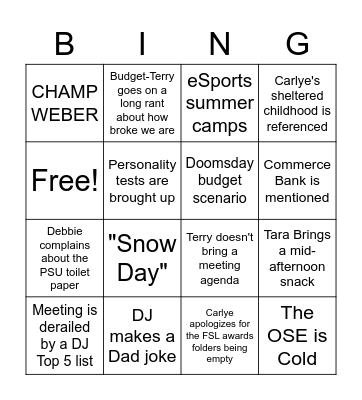 PSU Leadership Meeting BING Bingo Card