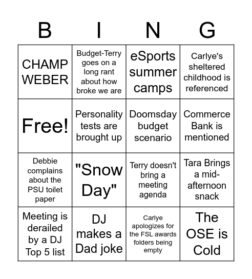 PSU Leadership Meeting BING Bingo Card