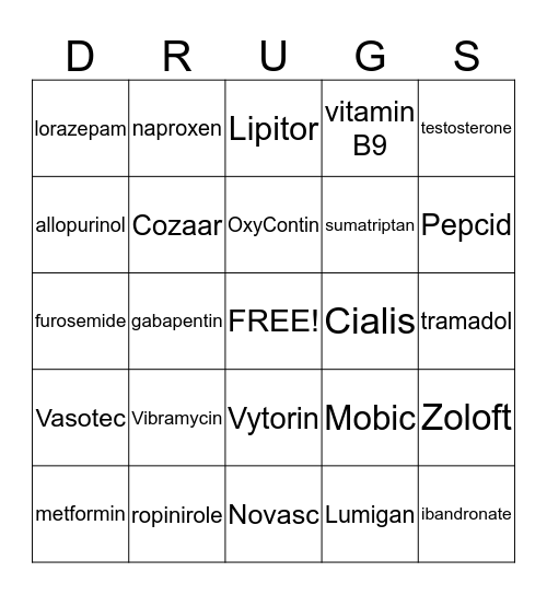 25 meds from PTCB's top 200 Prescription Drugs List Bingo Card