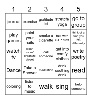 Role a Coping Skill Bingo Card