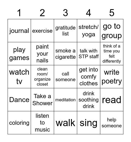 Role a Coping Skill Bingo Card