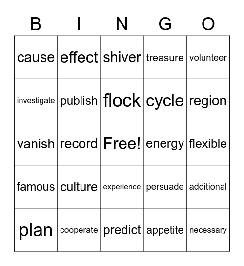 Vocabulary Review BINGO Card