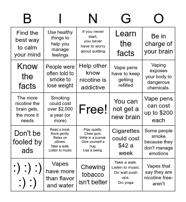 Prevention of smoking and other addictions Bingo Card