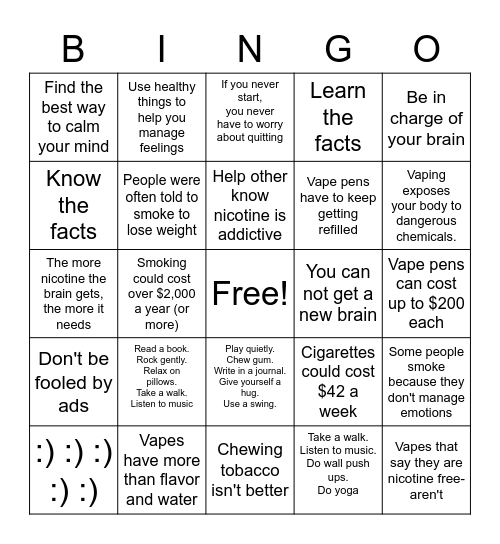 Prevention of smoking and other addictions Bingo Card