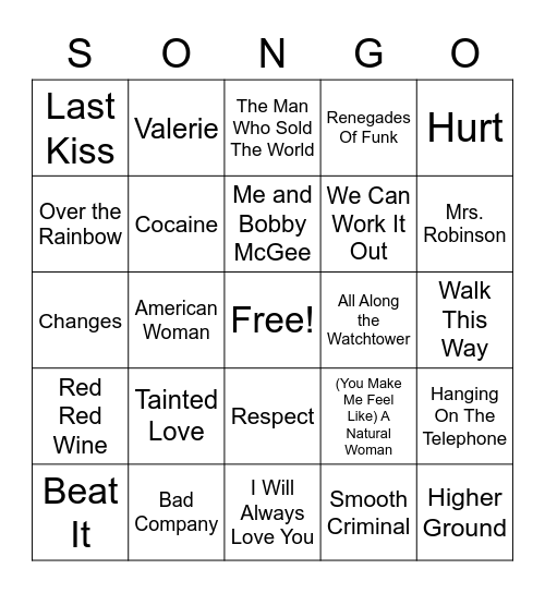 Cover Songs Bingo Card