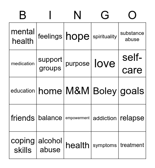 addiction Bingo Card