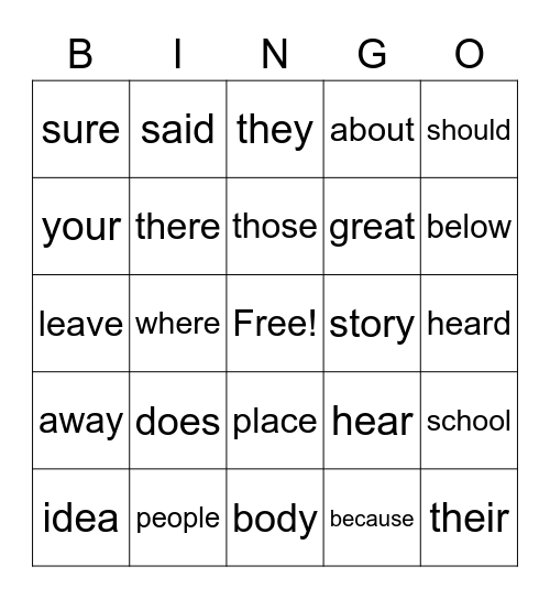 Heart Words Bingo Card