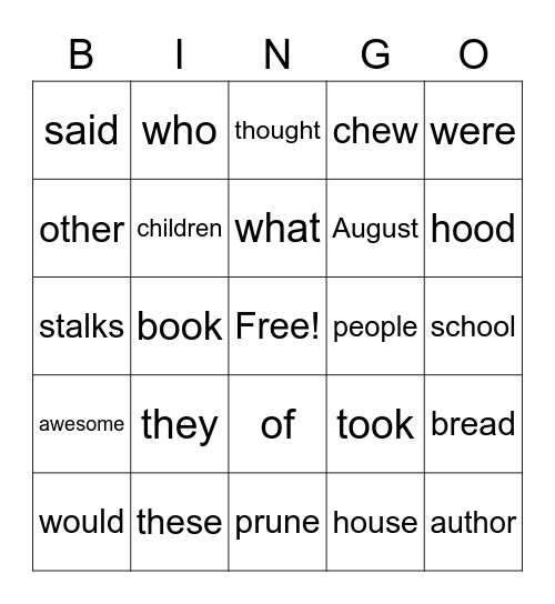 1st grade Bingo Card