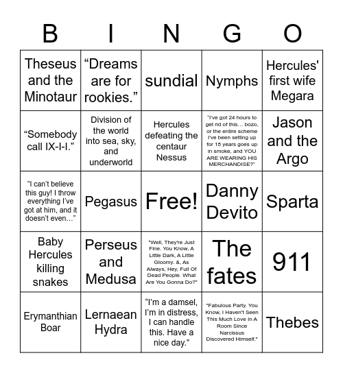 Disney's Hercules Bingo Card