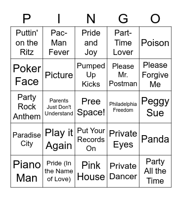 Songs that start with "P" Bingo Card