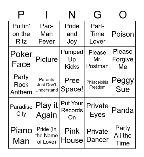 Songs that start with "P" Bingo Card