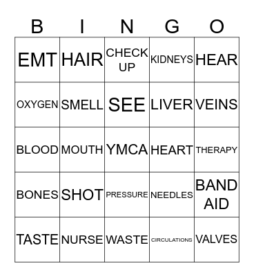 MY HEALTH Bingo Card