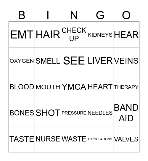 MY HEALTH Bingo Card