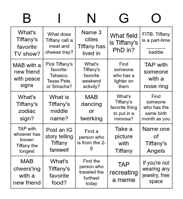 Farewell Tiffany! Bingo Card