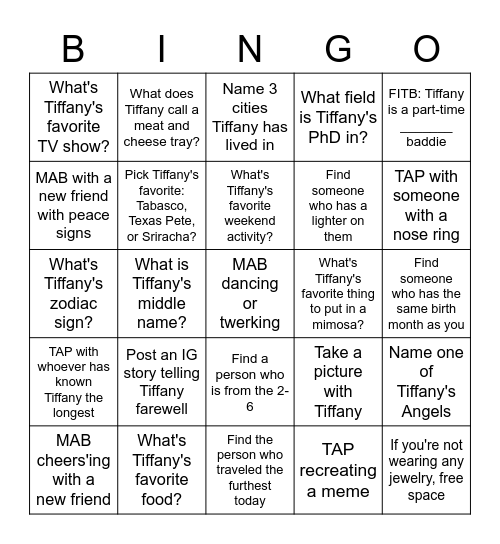 Farewell Tiffany! Bingo Card