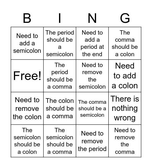 Punctuation Bingo! Bingo Card