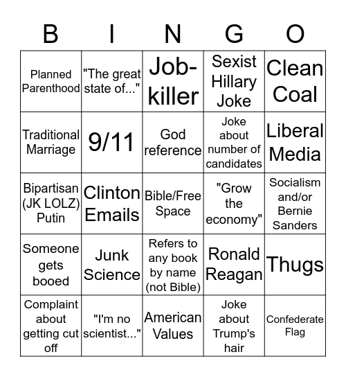 2016 GOP Debate Bingo Card