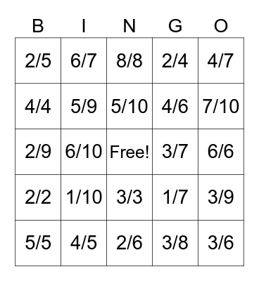 Fraction Bingo Card