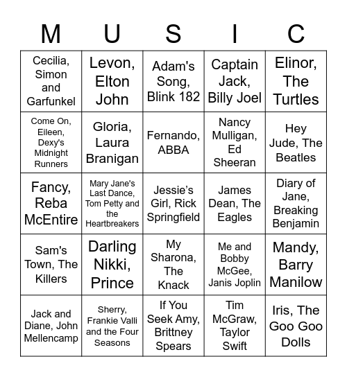 First Names Bingo Card