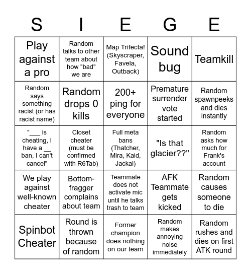 Siege Bingo with Randoms Bingo Card