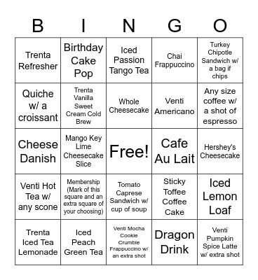 Cafe Bingo Card