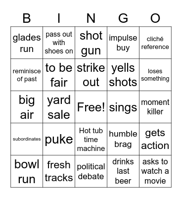 Bachelor Party Bingo Card