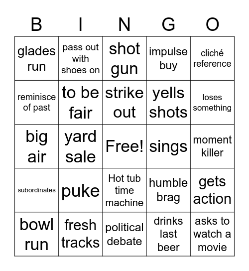 Bachelor Party Bingo Card