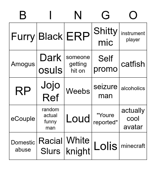 VRCHat bingo Card