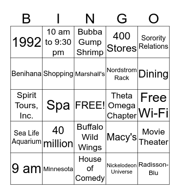 Mall of America Bingo Card