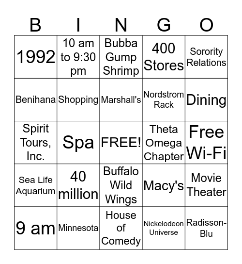 Mall of America Bingo Card