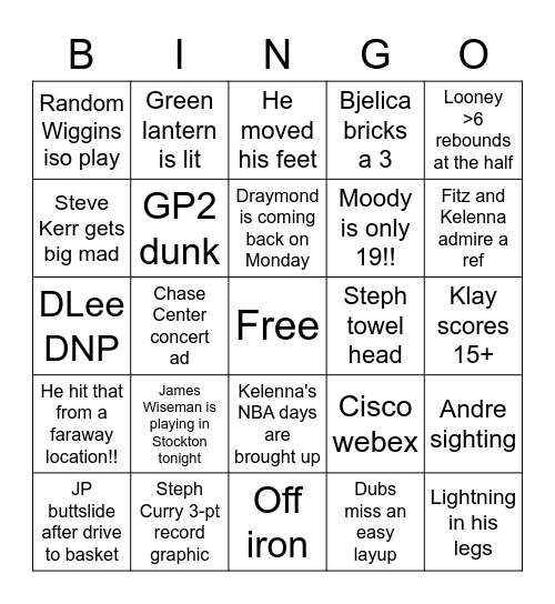 Warriors Bingo Card