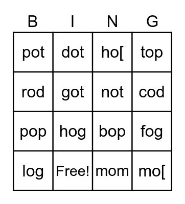 Short O Bingo Card