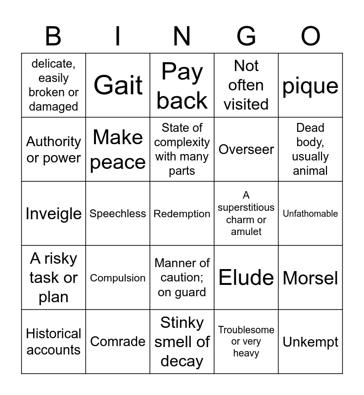 Bronze Bow 615 Vocab Bingo Card