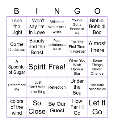 Disney Songs! Bingo Card