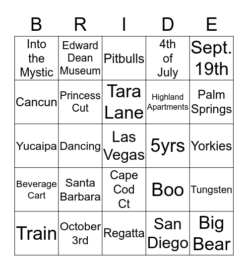 Bridal Shower Bingo Card