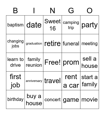 Life Events Bingo Card