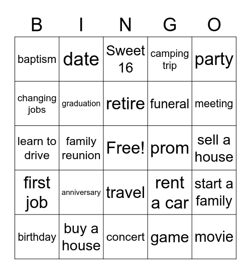 Life Events Bingo Card