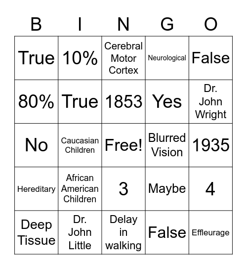 Cerebral Palsy Bingo Card