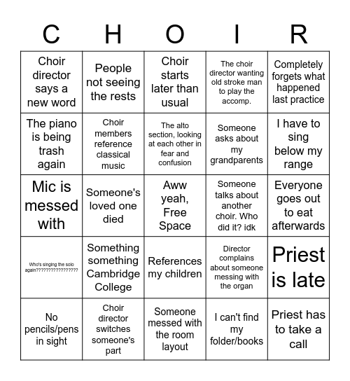 Church Choir Bingo Card