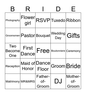 Bridal Bingo Card