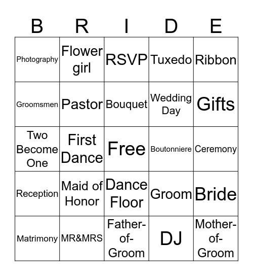 Bridal Bingo Card