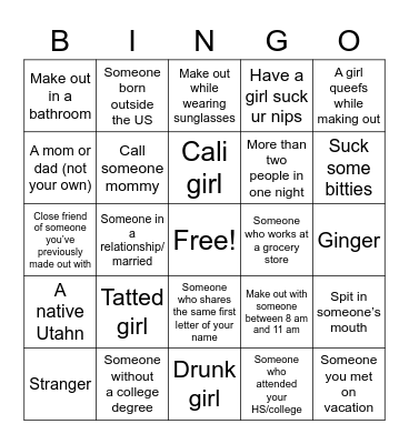 Summer Makeout Bingo Card