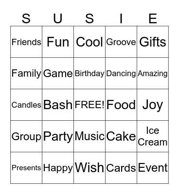 Susie's Party Bingo Card