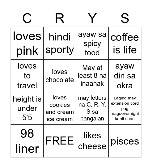 CRYS Bingo Card