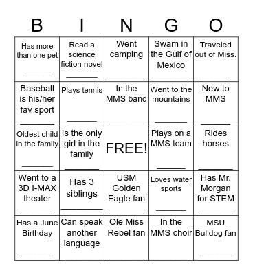 "Getting to Know You " Bingo Card