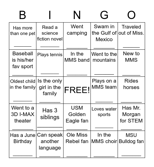 "Getting to Know You " Bingo Card